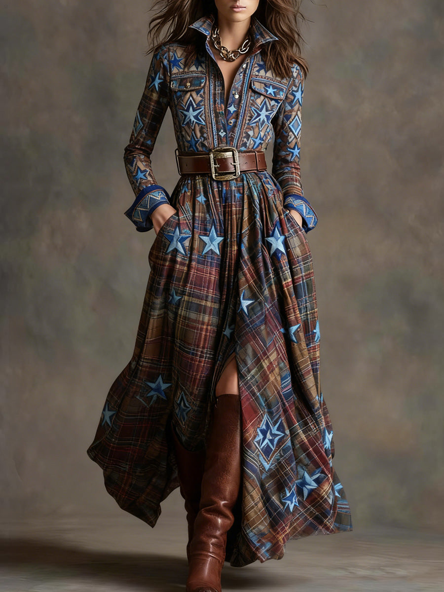 Retro Paisley Art Texture Printed V-Neck Vintage Pocket-Style Long Sleeve Maxi Dress